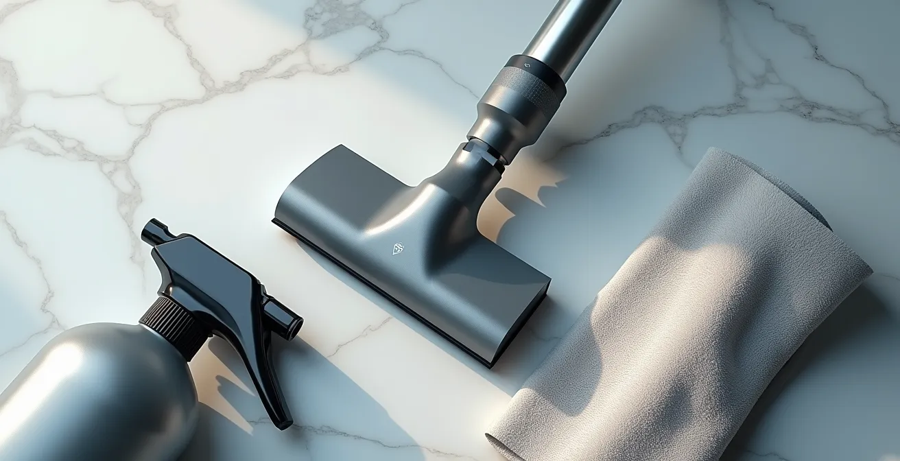 Professional cleaning equipment arranged on marble surface showing quality difference