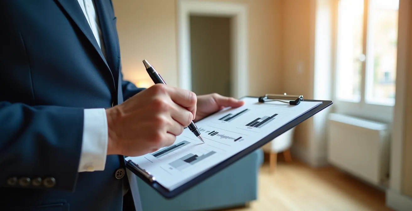 Hands holding a clipboard with inspection form in bright apartment setting