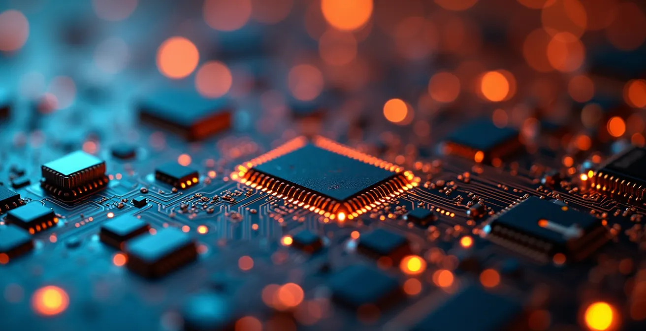 Extreme close-up of circuit board patterns with light traces