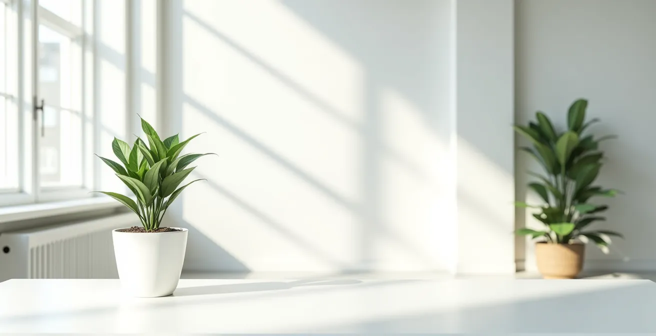 Modern minimalist office space with natural light and organized workspace