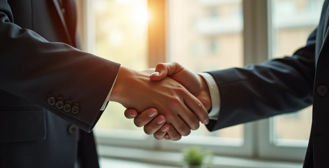 Professional handshake between colleagues with warm office lighting