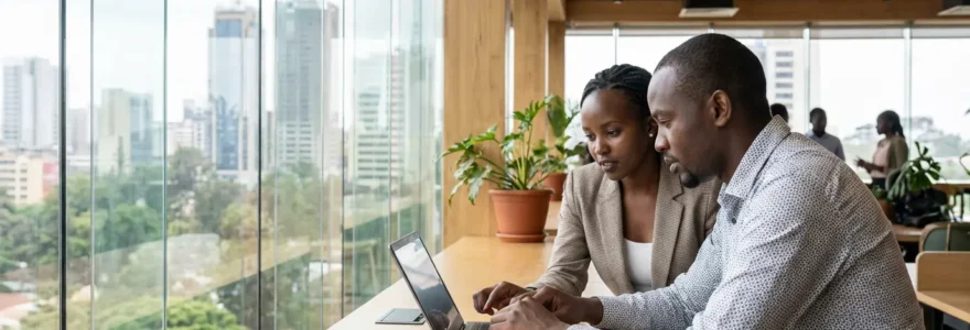 Business professionals in EOR discussion at modern African office environment