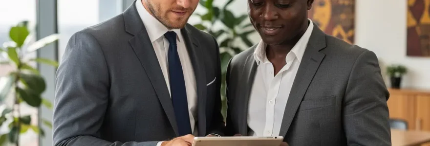 European and African business professionals reviewing EOR documentation in modern Nairobi office