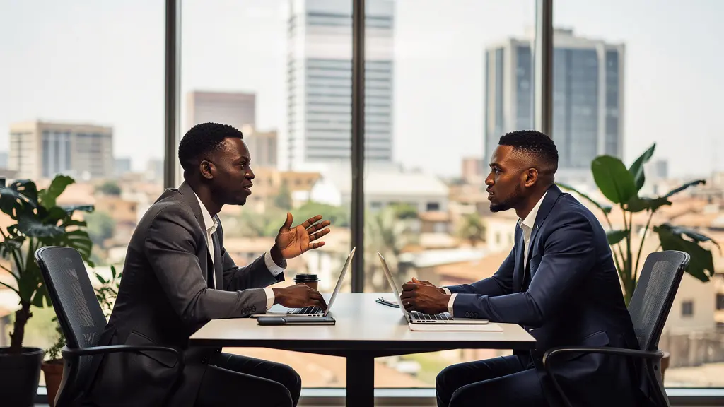 Two professionals discussing employment strategy in modern African corporate environment