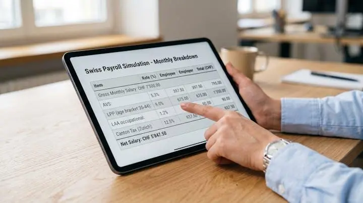 Detailed Swiss payroll simulation document on tablet showing itemized breakdown of AVS, LPP, LAA deductions and canton tax from gross to net salary in CHF
