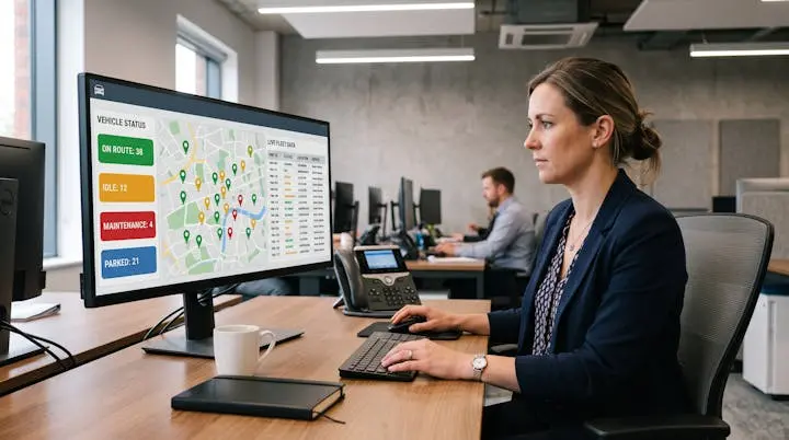 Fleet operations coordinator at desk reviewing real-time vehicle locations and status data on fleet management software dashboard displayed on desktop monitor in professional office environment