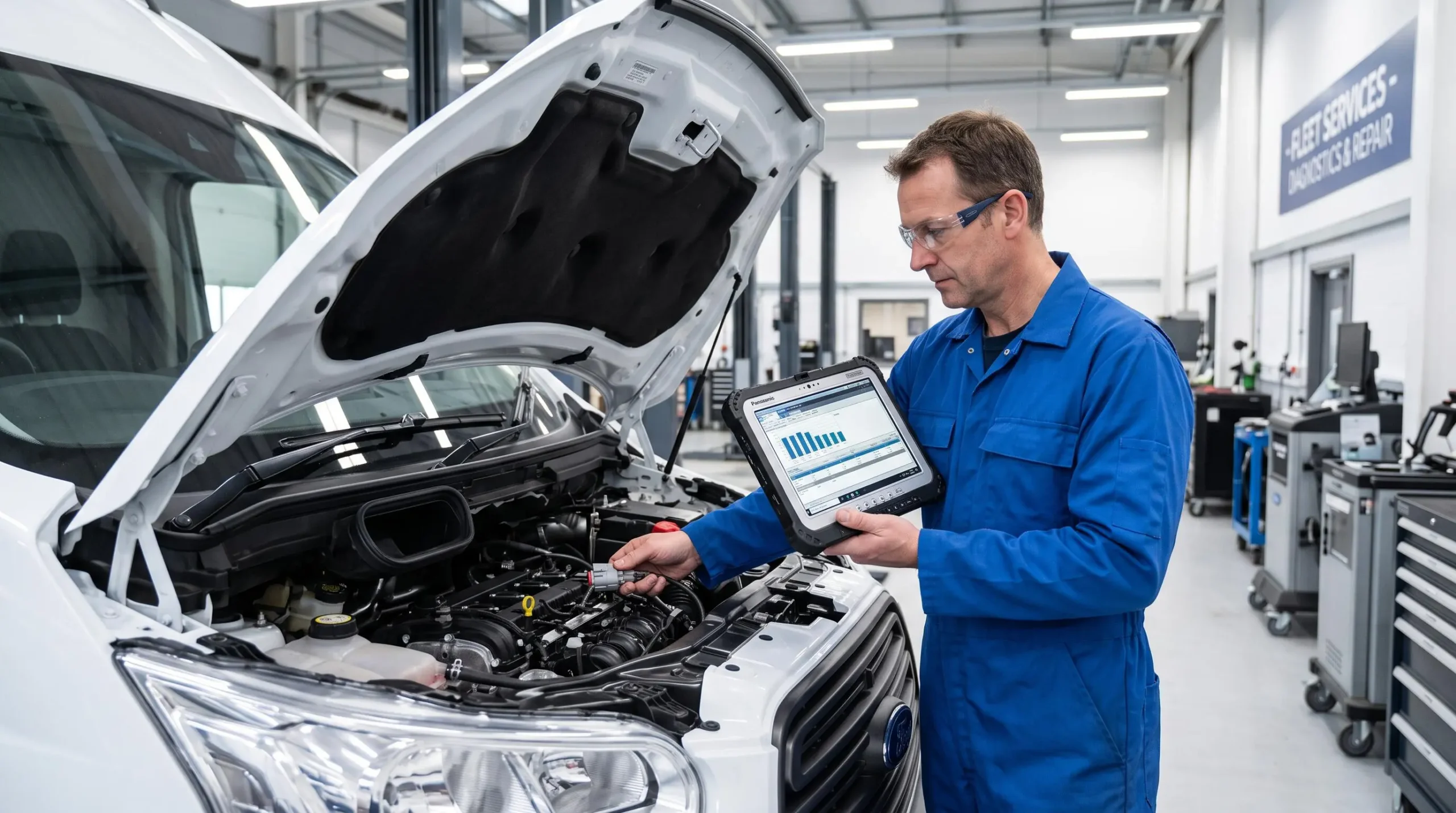 Fleet maintenance technician in blue coveralls examining brake assembly on elevated commercial van in professional service bay while holding digital inspection tablet showing scheduled maintenance checklist
