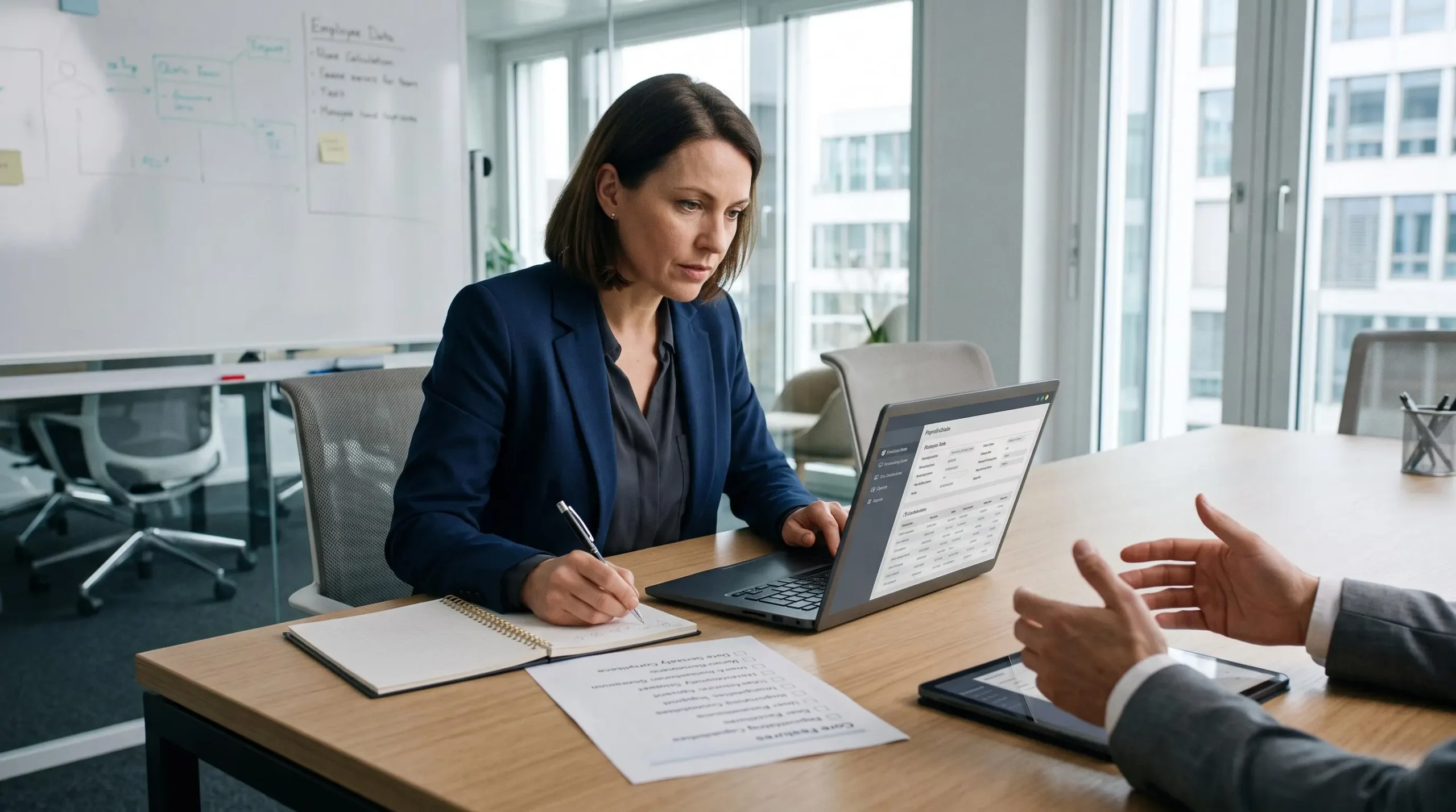 HR professional evaluating payroll software vendor demonstration, taking notes and reviewing checklist during software selection meeting in modern office