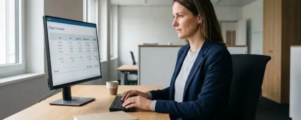 HR professional reviewing Swiss payroll simulation software on computer screen showing AVS, LPP and cantonal tax calculations in a modern office