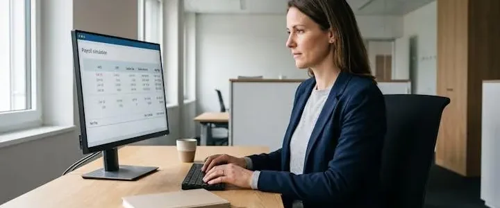 HR professional reviewing Swiss payroll simulation software on computer screen showing AVS, LPP and cantonal tax calculations in a modern office